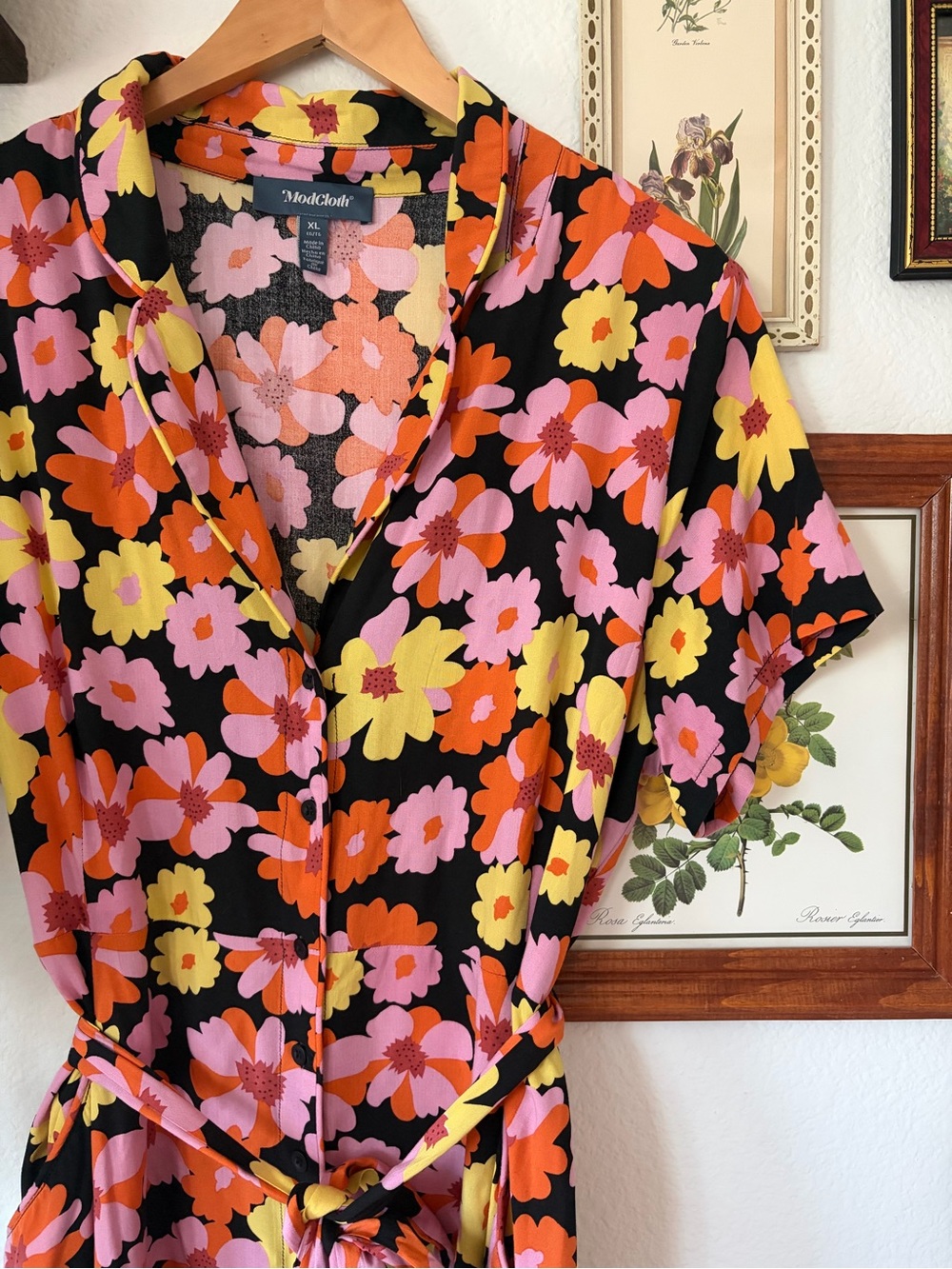 ModCloth Retro Black Midi Dress with Pink, Orange & Yellow Floral Print - XL - Picture 2 of 11